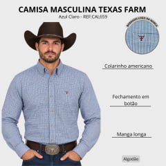 Camisa Masculina Texas Farm Manga Longa Xadrez Azul Claro Logo Marrom REF:CAL659