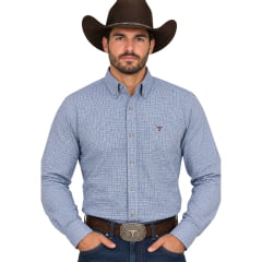 Camisa Masculina Texas Farm Manga Longa Xadrez Azul Claro Logo Marrom REF:CAL659