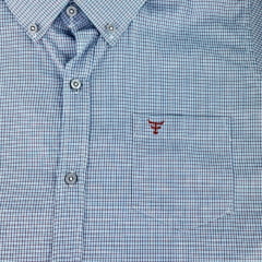 Camisa Masculina Texas Farm Manga Longa Xadrez Azul Claro Logo Marrom REF:CAL659
