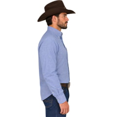 Camisa Masculina Texas Farm Manga Longa Xadrez Azul Claro Logo Marrom REF:CAL659