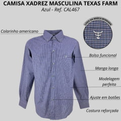 Camisa Masculina Texas Farm Manga Longa Xadrez Azul Logo Branca Ref: CAL467