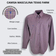 Camisa Masculina Texas Farm Manga Longa Xadrez Lilás Com Azul Com Logo Azul Ref.CAL466