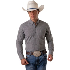 Camisa Masculina Texas Farm Manga Longa Xadrez Pequeno Preto E Branco Logo Bege Ref:CAL667