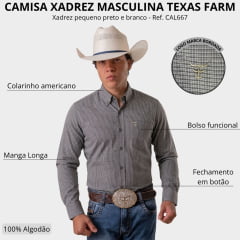 Camisa Masculina Texas Farm Manga Longa Xadrez Pequeno Preto E Branco Logo Bege Ref:CAL667