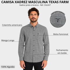 Camisa Masculina Texas Farm Manga Longa Xadrez Preto E Branco Logo Preto Ref:CAL657