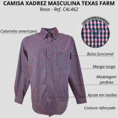 Camisa Masculina Texas Farm Manga Longa Xadrez Rosa logo Azul  Ref: CAL462