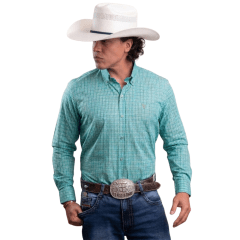 Camisa Masculina Texas Farm Manga Longa Xadrez Verde Água Logo Bege Ref:CAL676