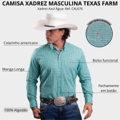 Camisa Masculina Texas Farm Manga Longa Xadrez Verde Água Logo Bege Ref:CAL676