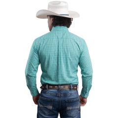 Camisa Masculina Texas Farm Manga Longa Xadrez Verde Água Logo Bege Ref:CAL676