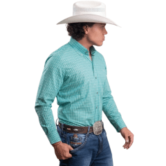 Camisa Masculina Texas Farm Manga Longa Xadrez Verde Água Logo Bege Ref:CAL676