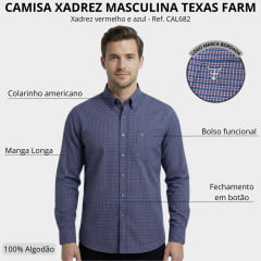Camisa Masculina Texas Farm Manga Longa Xadrez Vermelho E Azul Logo Cinza Ref:CAL682