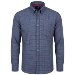 Camisa Masculina Texas Farm Manga Longa Xadrez Vermelho E Azul Logo Cinza Ref:CAL682