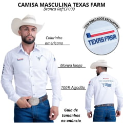Camisa Masculina Texas Farm Para Competição Manga Longa Branca Com Bordado Azul Marinho Ref:CP009