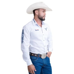 Camisa Masculina Texas Farm Para Competição Manga Longa Branca Com Bordado Azul Marinho Ref:CP009