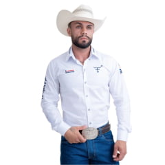 Camisa Masculina Texas Farm Para Competição Manga Longa Branca Com Bordado Azul Marinho Ref:CP009