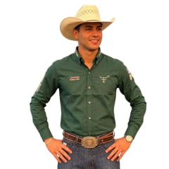 Camisa Masculina Texas Farm Para Competição Manga Longa Verde Floresta Com Bordado Bege Ref:CP009