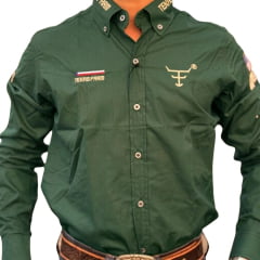 Camisa Masculina Texas Farm Para Competição Manga Longa Verde Floresta Com Bordado Bege Ref:CP009