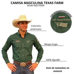 Camisa Masculina Texas Farm Para Competição Manga Longa Verde Floresta Com Bordado Bege Ref:CP009