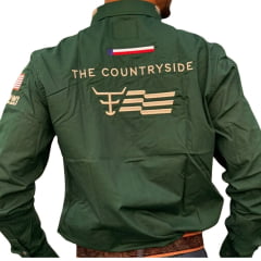 Camisa Masculina Texas Farm Para Competição Manga Longa Verde Floresta Com Bordado Bege Ref:CP009