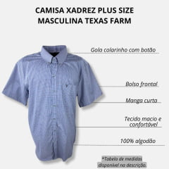 Camisa Masculina Texas Farm Plus Size Manga Curta Xadrez Azul/Cinza Com Logo Bordado Em Preto Ref.CAC703