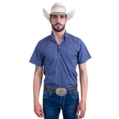 Camisa Masculina Texas Farm Plus Size Manga Curta Xadrez Azul/Verde Com Logo Bordada Em Branco Ref.CAC694