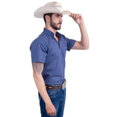 Camisa Masculina Texas Farm Plus Size Manga Curta Xadrez Azul/Verde Com Logo Bordada Em Branco Ref.CAC694