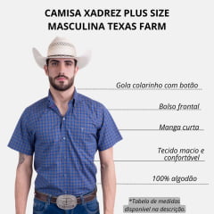 Camisa Masculina Texas Farm Plus Size Manga Curta Xadrez Azul/Verde Com Logo Bordada Em Branco Ref.CAC694