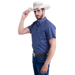 Camisa Masculina Texas Farm Plus Size Manga Curta Xadrez Azul/Verde Com Logo Bordada Em Branco Ref.CAC694