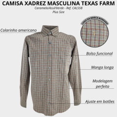 Camisa Masculina Texas Farm Plus Size Manga Longa Xadrez Caramelo/Verde/Azul Ref: CAL558