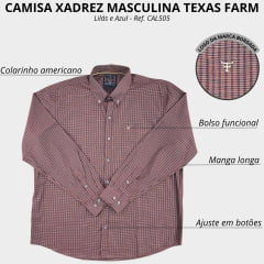 Camisa Masculina Texas Farm Plus Size Manga Longa Xadrez Lilás/Azul Ref: CAL505