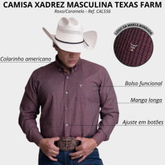 Camisa Masculina Texas Farm Plus Size Manga Longa Xadrez Roxo/Caramelo Ref: CAL556