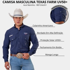 Camisa Masculina Texas Farm UV50+ Explorer Manga Longa Azul Marinho Logo Bordado REF:CAL651