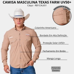 Camisa Masculina Texas Farm UV50+ Explorer Manga Longa Caqui Com Bolsos E Logo Bordado - REF:CAL651