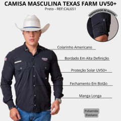 Camisa Masculina Texas Farm UV50+ Explorer Manga Longa Preto Logo Bordado REF:CAL651