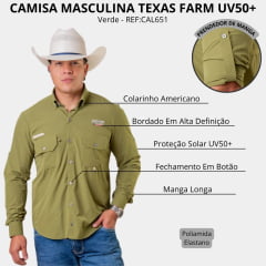 Camisa Masculina Texas Farm UV50+ Explorer Manga Longa Verde Com Bolsos E Logo Bordada - REF:CAL651