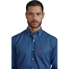 Camisa Masculina TXC Custom Manga Longa Xadrez Azul Marinho e Branco Com Logo Bordado Vermelho Ref.2781L