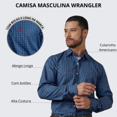 Camisa Masculina TXC Custom Manga Longa Xadrez Azul Marinho e Branco Com Logo Bordado Vermelho Ref.2781L