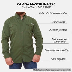 Camisa Masculina TXC Extra Verde Militar Manga Longa Com Logo Em Crú Costurada REF: 29160L