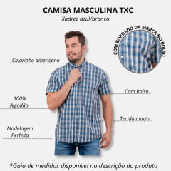 Camisa Masculina TXC Manga Curta Custom Regular Xadrez Azul Claro/Azul Escuro Com Logo Bordada em Azul Claro Ref.29112C