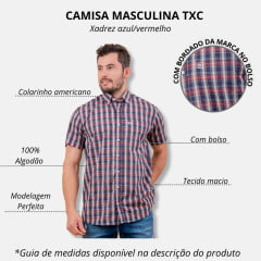 Camisa Masculina TXC Manga Curta Custom Regular Xadrez Azul/Vermelho Com Logo Bordado em Crú Ref.29107C