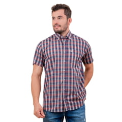 Camisa Masculina TXC Manga Curta Custom Regular Xadrez Azul/Vermelho Com Logo Bordado em Crú Ref.29107C