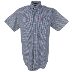 Camisa Masculina TXC Manga Curta Custom Xadrez Branca e Azul Com Logo Bordado Vermelho Ref.2699C