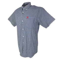 Camisa Masculina TXC Manga Curta Custom Xadrez Branca e Azul Com Logo Bordado Vermelho Ref.2699C