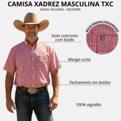 Camisa Masculina TXC Manga Curta Custom Xadrez Vermelho Bordado Azul Ref.2699C