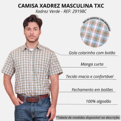 Camisa Masculina TXC Manga Curta Regular Custom Xadrez Verde/Bege Com Bordado Logo Bege No Bolso REF: 29198C