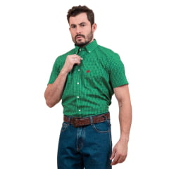 Camisa Masculina TXC Manga Curta Regular Custom Xadrez Verde/Branco Com Logo Bordada em Vermelho Ref2712C