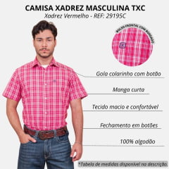 Camisa Masculina TXC Manga Curta Regular Custom Xadrez Vermelho/Branco E Azul Claro Com Bordado Azul Marinho REF: 29195C