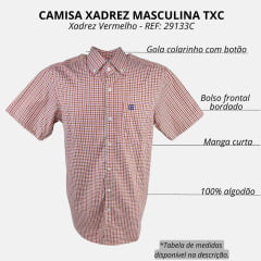 Camisa Masculina TXC Manga Curta Regular Custom Xadrez Vermelho/Cru Com Logo Bordada em Azul Ref29133C