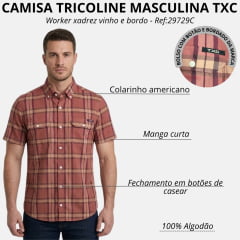Camisa Masculina TXC Manga Curta Tricoline Worker Xadrez Vinho/Bordô Ref:29729C