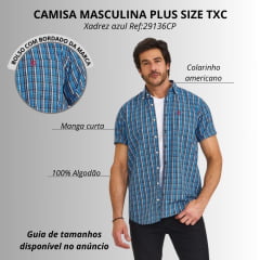 Camisa Masculina TXC Manga Curta X-Size Regular Tricoline Xadrez Azul Logo Vermelho Ref:29136CP